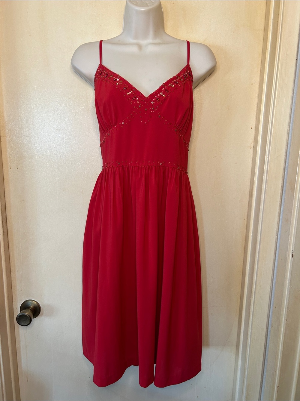 Nicole Miller Red Beaded Spaghetti-Strap Midi Dress size 14”